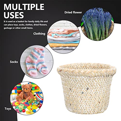 Image of Alipis Rattan Woven Trash Basket with Lid 7.08 X 7.08 X 5.51 in Versatile Waste Basket for Kitchen Bedroom Bathroom Toy Storage Home Organization