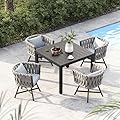 Grand patio 5-Piece Outdoor Dining Set for 4, Patio Dining Furniture Set for 4 Swivel Rope Wicker Chairs & 1 Expandable Rectangular Dining Table, Light Gray Brown