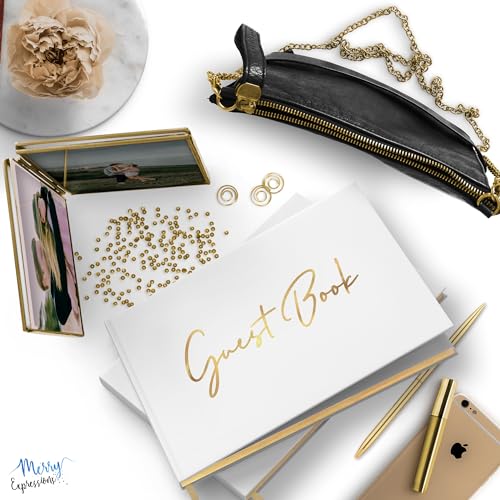 Image of White & Gold Wedding Guest Book w / Pen & Table Sign - Guestbook Sign in for Reception, Birthday Parties, Bridal or Baby Shower - Gilded Pages, Size 7 inchx9 inch inches - Blank Left Page for Polaroids