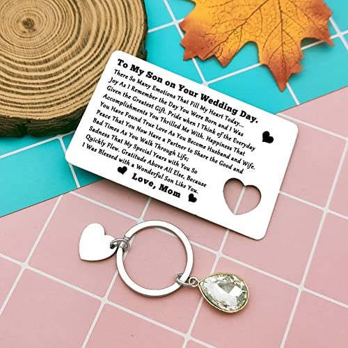 Heigebi To Son Wallet Card Engraved Metal Wallet Card Gift Wedding Gift from Mom to Son Groom Fiance Anniversary Engagement Day Valentine Mini Love Notes for Him Adult Men from Parents3