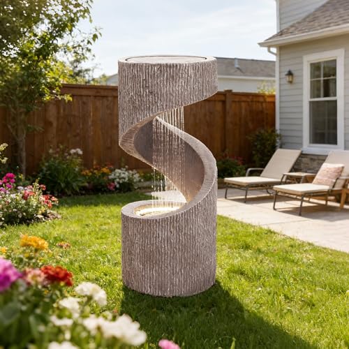Kaluomm 32' Outdoor Water Fountain with LED Light, Modern S-Shaped Spiral Column Fountain,...