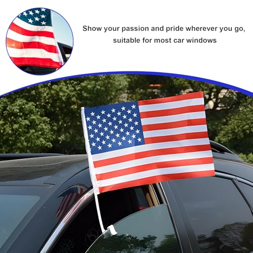 Image of 2PCS US American Car Flag Window Clip, 17 inchx12 inch Double Sided Patriotic Window Flag with Flagpole Mount, Premium Polyester USA Flag Banner Decoration for Vehicle Window