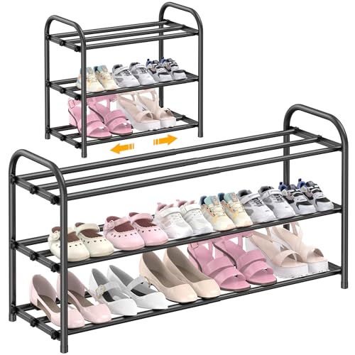 Hleelomi 3-Tier Expandable Shoe Rack for Entryway,Adjustable Metal Shoe Organizer for Closet,Living Room,Dorm,Black