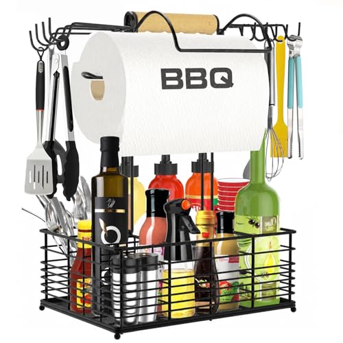 Grill Caddy BBQ Caddy for Outdoor Grill Upgraded Camping Accessories with Windproof Paper Towel Holder Camping Essentials Outdoor Kitchen BBQ Grill Accessories for Camper Grilling Gifts for Men