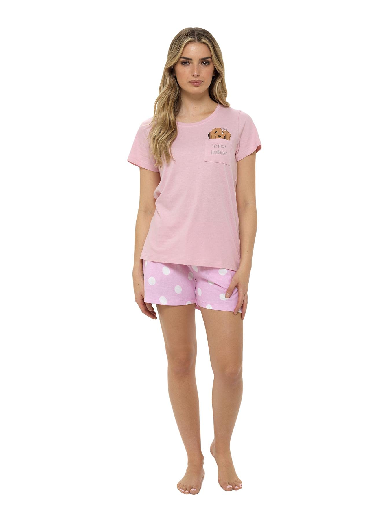 Daisy Dreamer Womens Pyjama Set T Shirt & Shorts Pyjamas Holiday Summer Ladies Soft Cotton Pjama PJs Loungewear, Sausage Dog Large