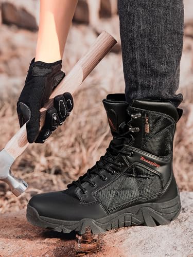 013 Men's Tactical Work Boots with Side Zipper Leather Motorcycle Boots, Safety Shoes for Outdoor Hiking and Mountaineering, Slip-Resistant, Durable, Steel Toe, Lightweight, Impact-Resistant3