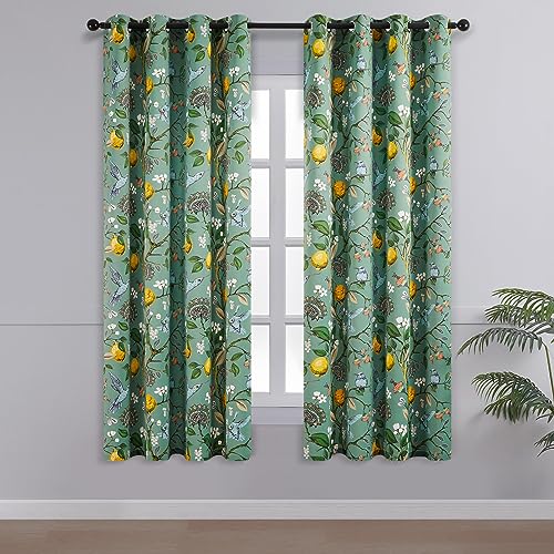 Image of Topfinel 48 Inches Long Short Sage Green Blackout Curtains for Cafe Kitchen, Grommet Room Darkening Luxury Floral Lemon Hummingbird Patterned Waverly Colorful Drapes for Living Room Bedroom
