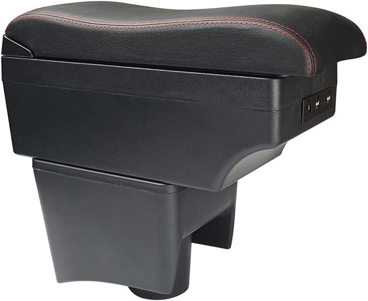 MARCHFA Caja de almacenamiento de reposabrazos para Polo 2010 2011 2012 2013 2014 2015 2016 2017 caja de reposabrazos con 7 puertos de carga USB, 1 pieza (costuras rojas)