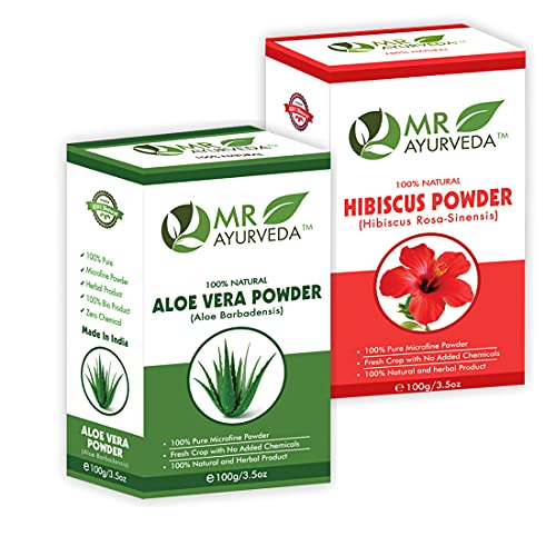 Image of MR Ayurveda 100% Pure Organic Hibiscus Powder and Aloe Vera Powder, Natural Skin & Hair Care - Combo Pack (100 Grams Each)