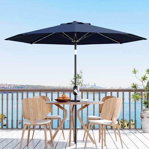 Patio Umbrella 9ft, Table Umbrella Outdoor Patio UV Protection with Crank Lift & Push Button Tilt, 8 Sturdy Ribs for Yard, Deck, Pool - Navy Blue