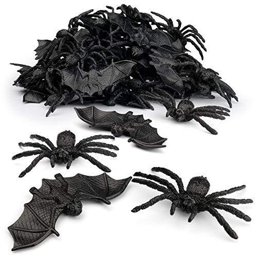 Coogam 48PCS Halloween Spiders Bats Party Favor Decorations Set of 24 Realistic Spiders and 24 Plastic Bats, Small Size Hallowmas Prank Props Supplies Kid Gift Joke Toy Home Decor