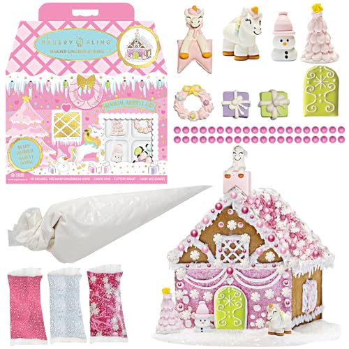 Magical Merryland Designer Insta-House™ Gingerbread Kit - Unicorn Christmas Theme, Pre-Baked Cookies, Quick-Dry Icing, Easy Assembly Mold, Glittery Sugar & Edible Decorations - Nut Free