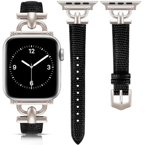 Image of Leather Band Compatible with Apple Watch Bands for Women, Dressy Fancy Strap for iWatch Series 11 /10 /9 /8 /7 /6 /5 /4 /3 /2 /1 /se(38mm 40mm 41mm 42mm,Lizard Black /Starlight)