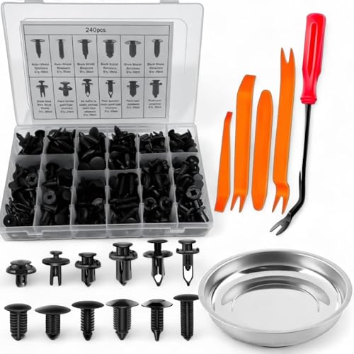 240PCS Auto Retainer Clips & Fasteners Kit – Universal Push Pin Rivets for Door Trim Panel & Fender – Compatible with Many Honda, Toyota, Ford, GM Models – Trim Tools & Magnetic Parts Tray