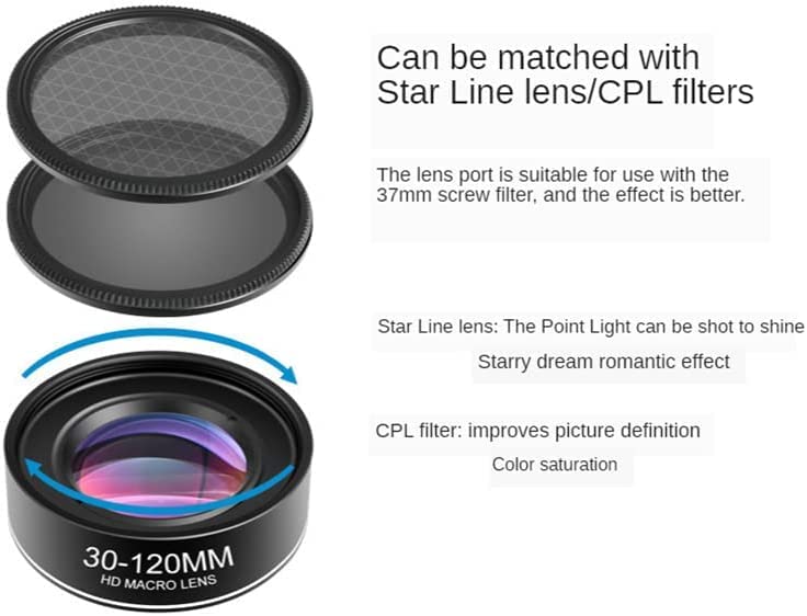 Enzemit Objectif zoom macro 30-120 mm, pour iPhone, Samsung, Android, Pixel, noir, matériaux mixtes, revêtement HD, rapport de zoom 4:1, mise au point automatique/manuelle, compatible avec la plupart