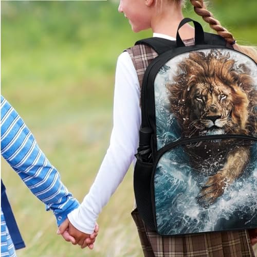 Cute Animal Backpack Set for Girls Boys 17 Inch Cool Lion Backpack with Lunch Box for Kids Elementary Student Padded Back Lightweight School Bag Black Bookbag4