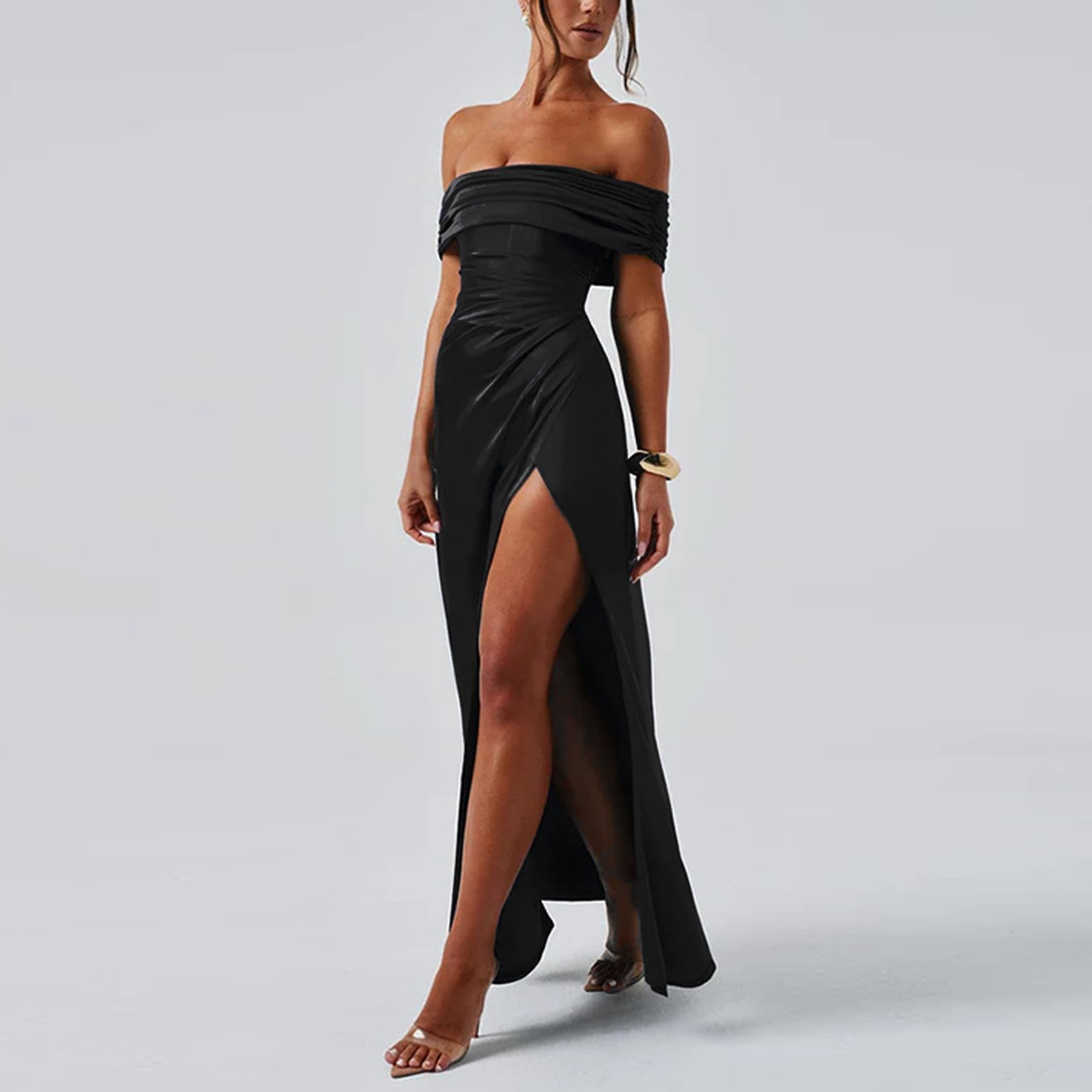 Robe de Soirée Femme Sexy sans Manches Robe Longue Epaules Dénudées MidiRobe Elégant Fendue Slim Bodycon Robes d'Été Robes de Gala Dos Nu pour Cocktail Nuit Clubbing Fête