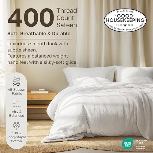 Image of California Design Den Soft 100% Cotton Twin Sheet Set, 400 Thread Count Good Housekeeping Award Winner, Silky Smooth Sateen Weave, Breathable and Durable Cotton Bedding Set - Striped White