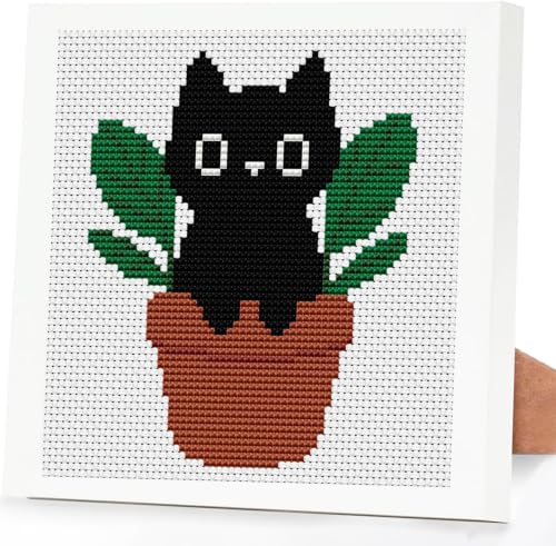 Image of Black Cat Plants Stamped Cross Stitch Kits for Adults Beginners with Frame | Partial 11CT Cross-Stitch,DIY Arts and Crafts for Adults,Embroidery Kit for Adults Beginners 7x7inch