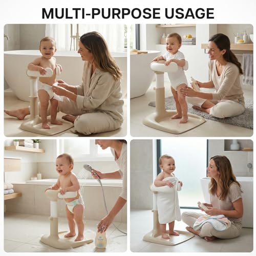 Image of BAYBEE Babyflo Shower Bath Stand for Baby for 0 - 3 Years for Kids | Baby Standing Bath Stand with Adjustable Height & Width | Foldable Kids Bathstand with Shower Holder & Anti-Slip Base (Beige)