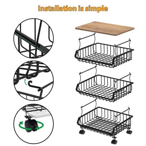Newzealkids Fruit Basket for Kitchen 4 Tier Stackable Fruit Vegetable Storage Baskets with Wheels Metal Wire Storage Basket Organizer Cart for Kitchen Livingroom Diningroom Office, Black - Thumbnail 4