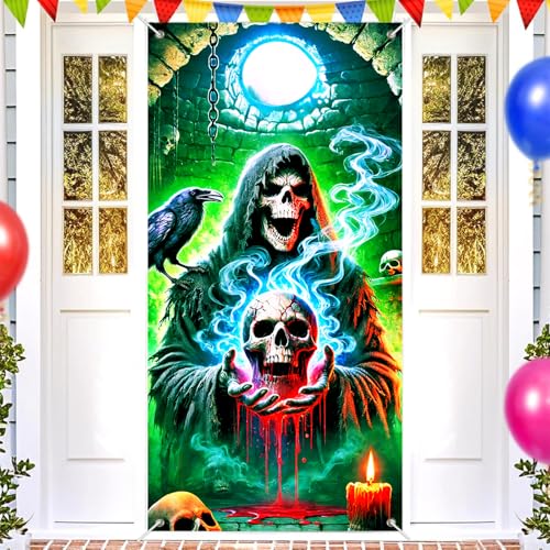 Image of BlissYard Halloween Door Cover Skull Skeleton 35x71 Inch Polyester | Door Banner, Wall Hanging | Skeleton Entry Decor, Skull Party Backdrop | Porch, Hallway, Photo Area (Gothic Art)