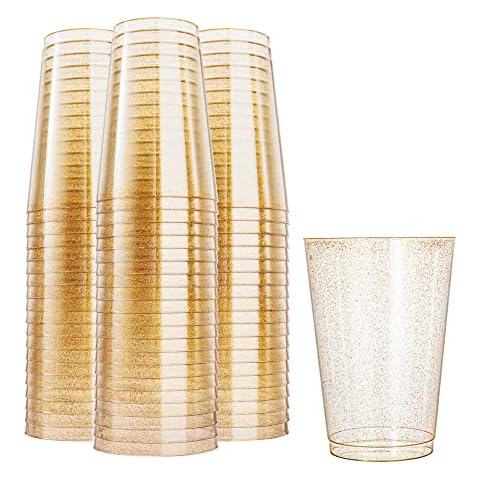 N9R 100pcs 12oz Gold Plastic Cups, Gold Glitter Disposable, Elegant Wedding and Party Cups Cover