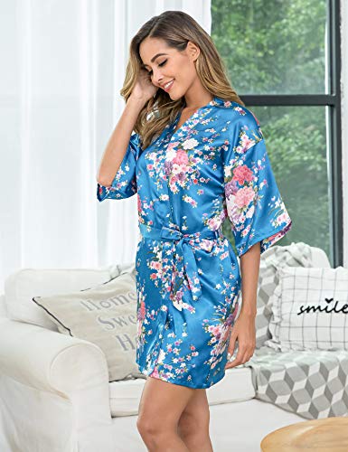 Aibrou Women's Floral Satin Robe Short Silk Bridesmaid Bathrobe Dressing Gown Wedding Kimono Sleepwear Lake Blue - Thumbnail 3