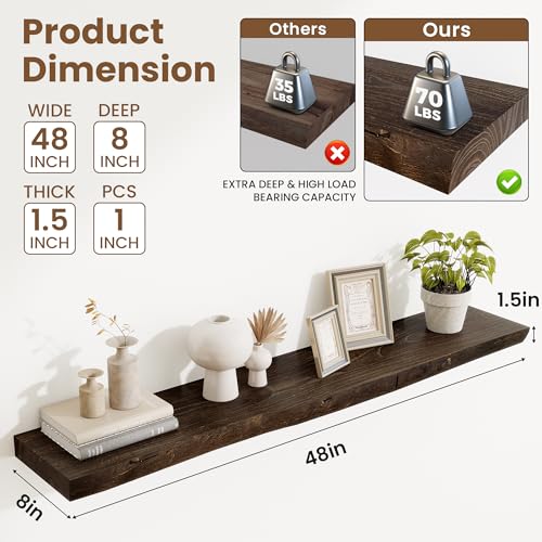 Image of Acovy Extra Deep 48 inch Long Live Edge Rustic Floating Shelves for Wall, Solid Wood Wall Shelves with Invisible Bracket Mount for Living Room Bathroom Bedroom Kitchen, Set of 1, Walnut