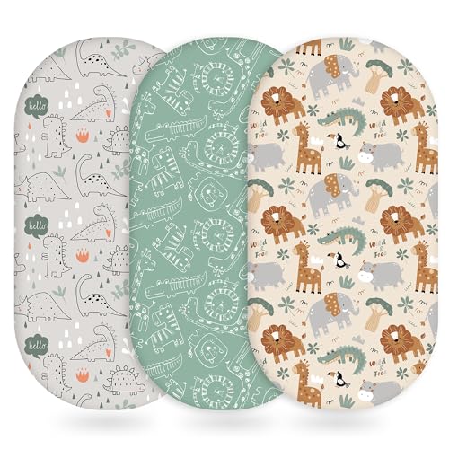 Image of Unnivoll Baby Bassinet Sheets Girl Boy, Fitted Bassinet Sheet Set 3 Pack Bassinet Mattress Sheets Universal Fit for Rectangle, Round, Oval, Hourglass Mattress, Soft Breathable Green & Apricot Lion