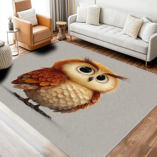 Générique Tapis Chouette pour Enfants, Tapis de Chambre Salon, Motif Oiseau Brun, 100x150, Antidérapant, Lavable, Doux, Poil Ras, Decoration Maison A7218