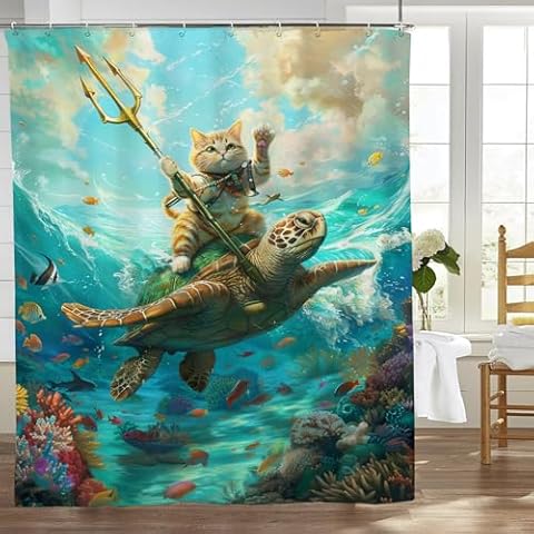 Yibuda Ocean Cat Sea Turtle Shower Curtain Funny Beach Nautical Sealife Shower Curtain Waterproof Fabric Coastal Home Bathroom Decor Curtain with Hooks 60"x72" Cover