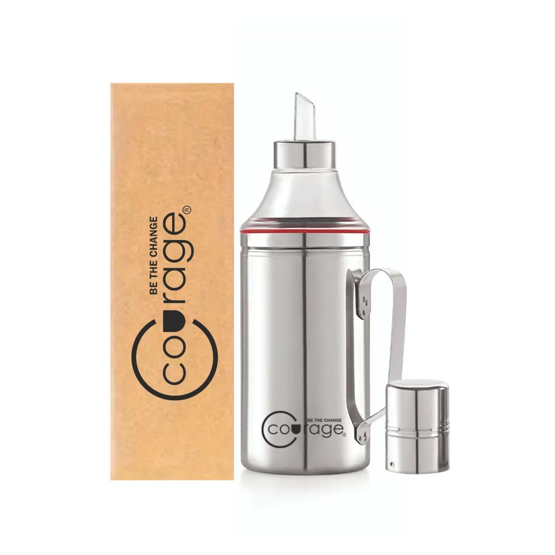 COURAGE ; BE THE CHANGE Dispensador de aceite de acero inoxidable, recipiente de aceite a prueba de fugas y sin BPA para aceites de cocina y vinagre, accesorio de cocina duradero para verter y