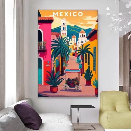 Baibexing Affiche D'Illustration Du Mexique, Imprimés De Voyage D'Art Du Mexique, Affiche De Paysage Colorée, Décor Mural De Salle De Lecture À Domicile, Impression Sur Toile A2 60X90Cm Sans Cadre