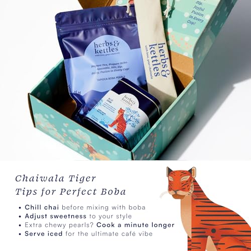 Image of Herbs & Kettles Blue Chai Boba Kit | Butterfly Pea Flower Chai with Ginger, Cardamom, Cloves & Cinnamon + Chewy Tapioca Pearls | Complete DIY Caffeine-Free Bubble Tea Kit with Reusable Straws |