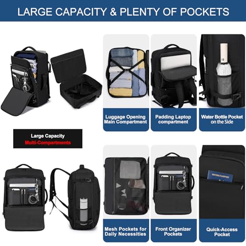 ENZOSUM Handgepäck 55x40x20 Handgepäck Rucksack 55x40x20 für Flugzeug 44L Groß Reiserucksack 17-Zoll-Laptop Rucksack für Herren Damen,Schwarz