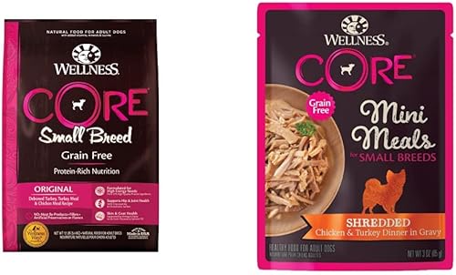 Wellness CORE - Alimento seco natural sin cereales para perros, raza pequeña, bolsa de 12 libras + mini comidas cubiertas de comida húmeda para