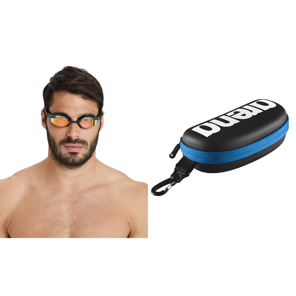ARENA Airspeed Mirror Gafas de natación para competición, Unisex, Yellow Copper/Negro, Talla única + 000001E048-507 Estuche para Gafas de natación, Unisex Adulto, Negro/Blanco, Universal