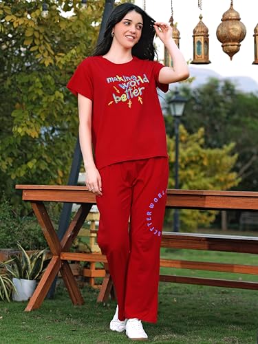 Image of ZEYO Night Suit for Womens Typography Printed Cotton Night Dress of Top and Wide Bottom Pyjama