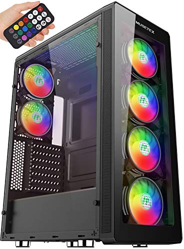 MUSETEX ATX Mid-Tower Case with 6 Pcs RGB Fans - 2 × USB 3.0 Tempered Glass Panels - PC Gaming Case with Remote Control, Decent Cable Management/Airflow ?T400-MN6?