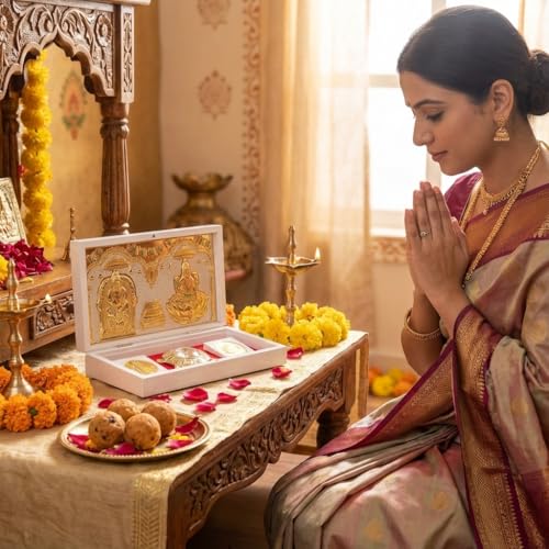 Image of Laxmi Kuber Pocket Temple for Pooja Room, Gifting for Wedding & Housewarming Ceremony I Gold Plated Photo Frame with Charan Paduka & Turtle for Good Luck - (8.4x4.5Inch) - Pack of 1