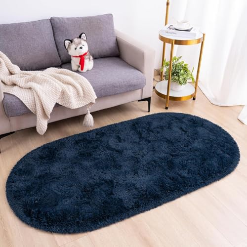 Image of 2x6 feet Soft Area Rug for Living Room and Bedroom, Modern Indoor Floor Carpet with Non-Slip Backing, Comfortable Decorative Home Decor Rug, Easy Clean & Durable- (Blue, Oval)