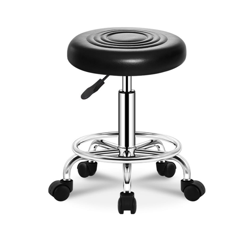 AeylvAoay Swivel Rolling Stool with Wheels PU Leather Round, Ultra Soft Padded Seat Cushion Stool with Footrest, Adjustable Height Stool for Tattoo Massage Salon Medical Spa C Black