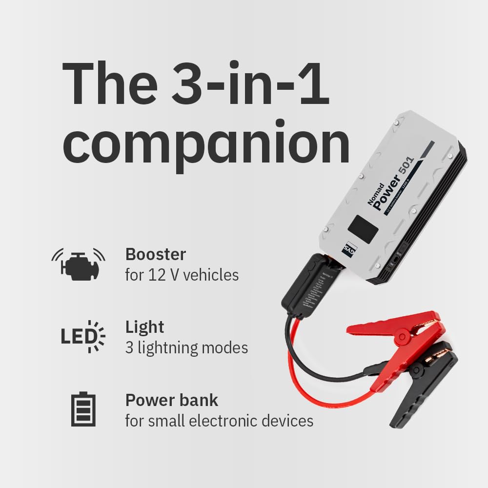 GYS, Nomad Power 501, arrancador/Booster batería de Litio portátil 1500A, vehículos de 12 V (Motocicleta, Coche), Arranque Seguro, batería Externa de 5,25 Ah (PowerBank), lámpara LED, Pantalla LCD