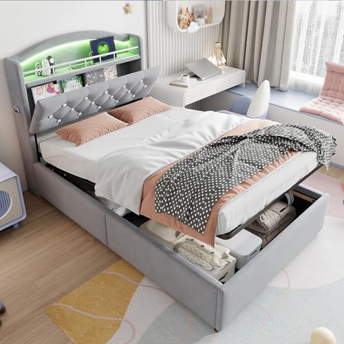 Gegtuon Einzelbett Kinderbett 90x200 mit LED-Licht, USB-Polsterbett für Kinder, Hydraulisch Bett mit Stauraum Kopfteil, Funktionsbett Jugendbett Bettgestell mit Lattenrost, ohne Matratze, Samt (Grau)