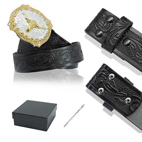 URAMAN Black Western Belts for Men Cowboy Buckle Rodeo Floral Engraved Leather Belt for Jeans Pans3