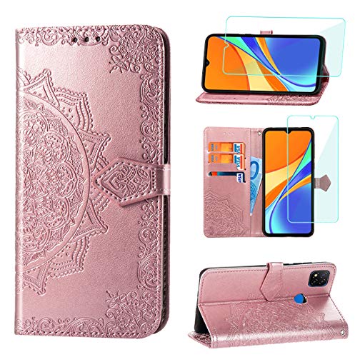 Yohii Funda Xiaomi Redmi 9C + Protector Pantalla de Cristal Templado, Piel PU Soporte Plegable Ranuras Cartera con Tapa Tarjetas Magnético Cuero Flip Carcasas, Case para Xiaomi Redmi 9C - Oro Rosa