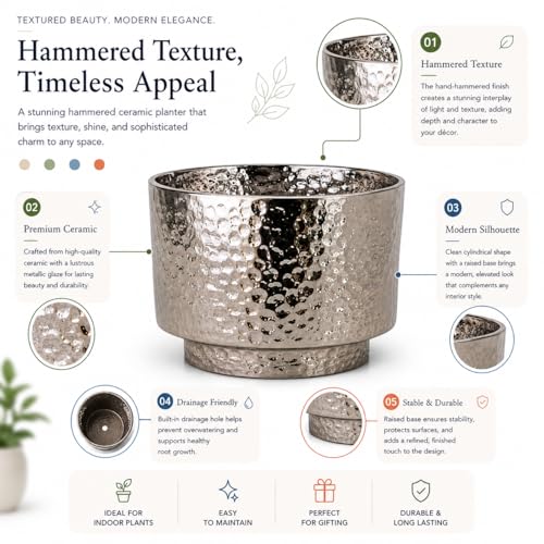 Image of Xtore Striking Textured Ceramic Planter Pot | Sculpted Metallic Silver Finish with Contemporary Appeal for Living Room, Desk & Tabletop Decor (Pack of 1,Planter Only)