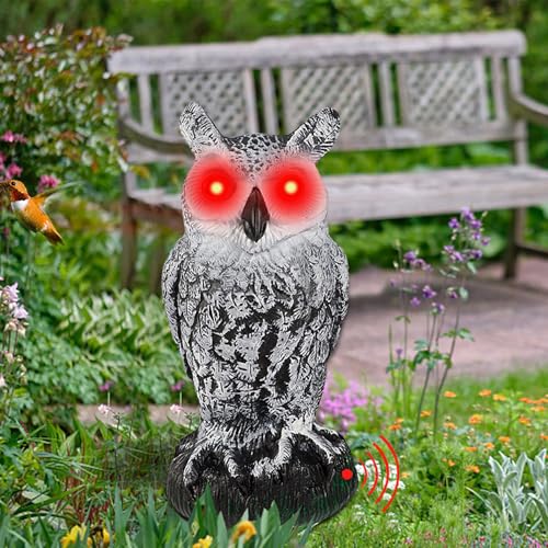 Señuelo de búho con ojos rojos y sonido para asustar pájaros en jardines 3