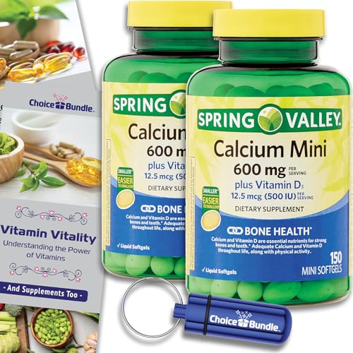 Spring Valley Calcium 600 mg Plus Vitamin D3 12.5 mcg 150 Ct Mini Softgels 2 Pk (300 Total) + Vitamin Guide & Pill Container (4 Items)!